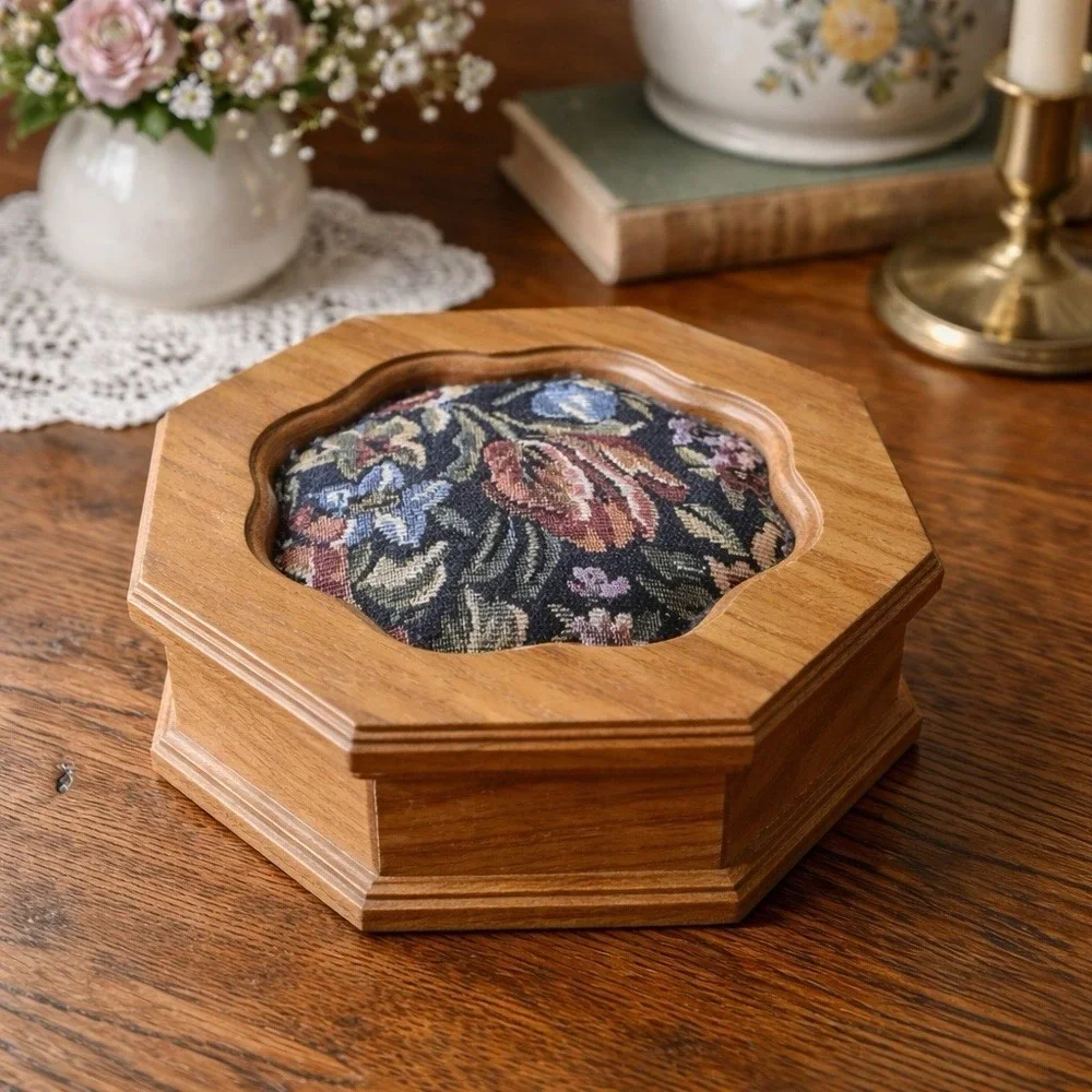 Vintage Tapestry Octagon Wood Jewelry Box | Floral Cottagecore Trinket Chest